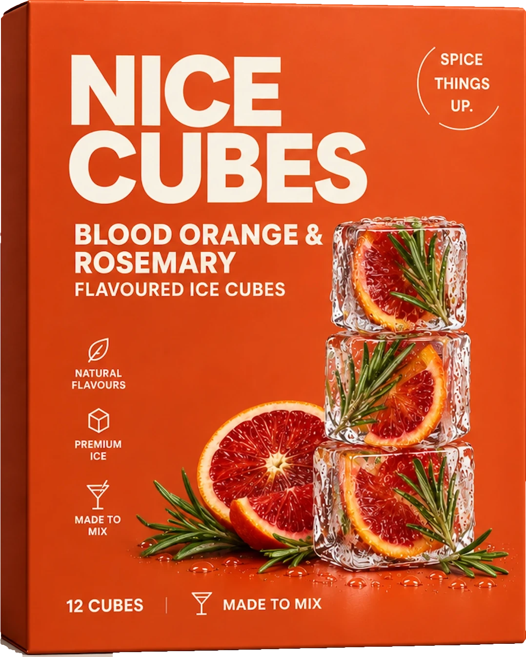 Nice Cubes Blood Orange & Rosemary flavoured ice cubes box, with ice cubes containing blood orange and rosemary