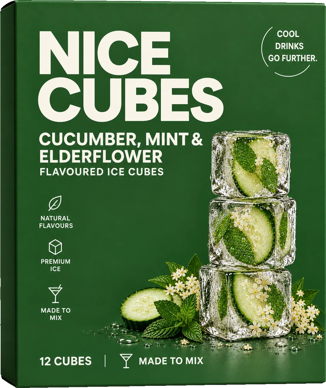 Nice Cubes Cucumber, Mint & Elderflower flavoured ice cubes box, with ice cubes containing cucumber, mint and elderflower