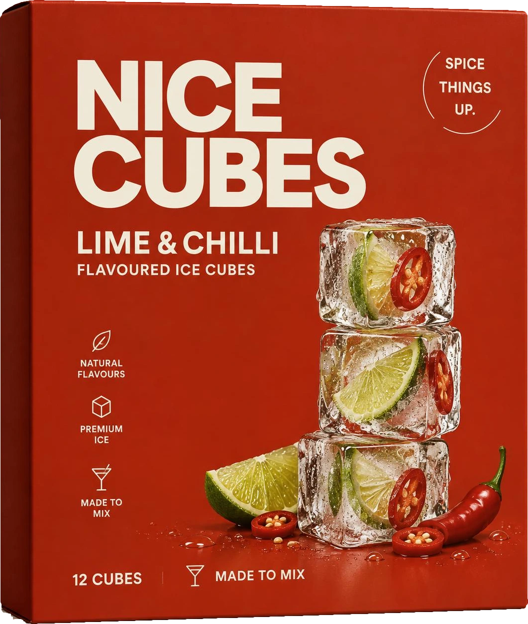 Nice Cubes Lime & Chilli flavoured ice cubes box, with ice cubes containing lime and chilli