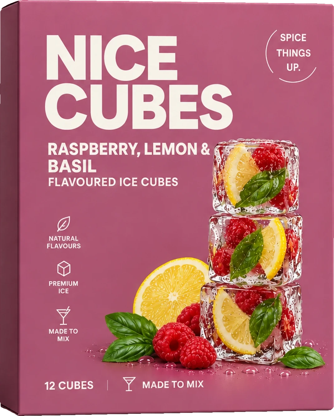 Nice Cubes Raspberry, Lemon & Basil flavoured ice cubes box, with ice cubes containing raspberry, lemon and basil
