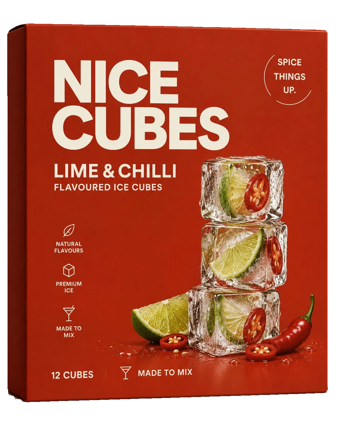 Nice Cubes Lime & Chilli flavoured ice cubes box, with three ice cubes containing lime and chilli