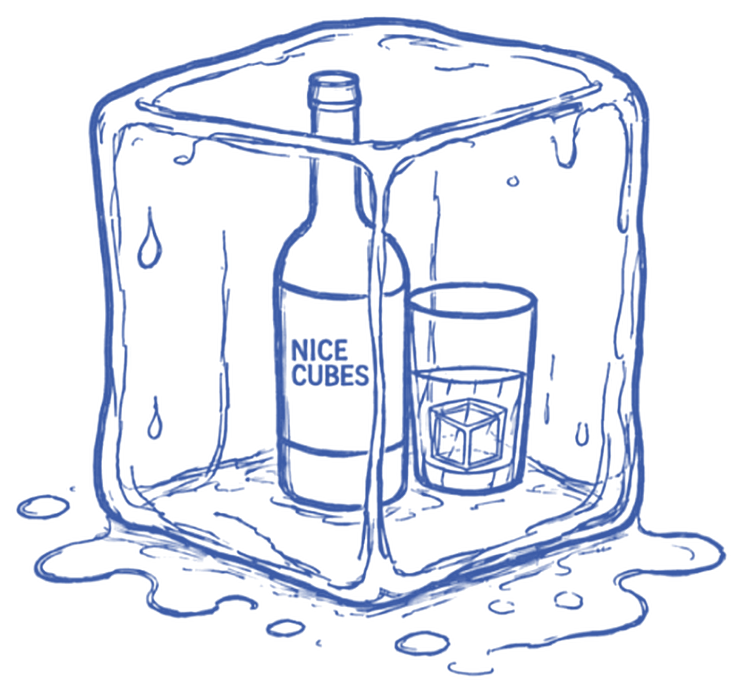 Blue line drawing of a melting ice cube with a Nice Cubes bottle and a glass of ice frozen inside it